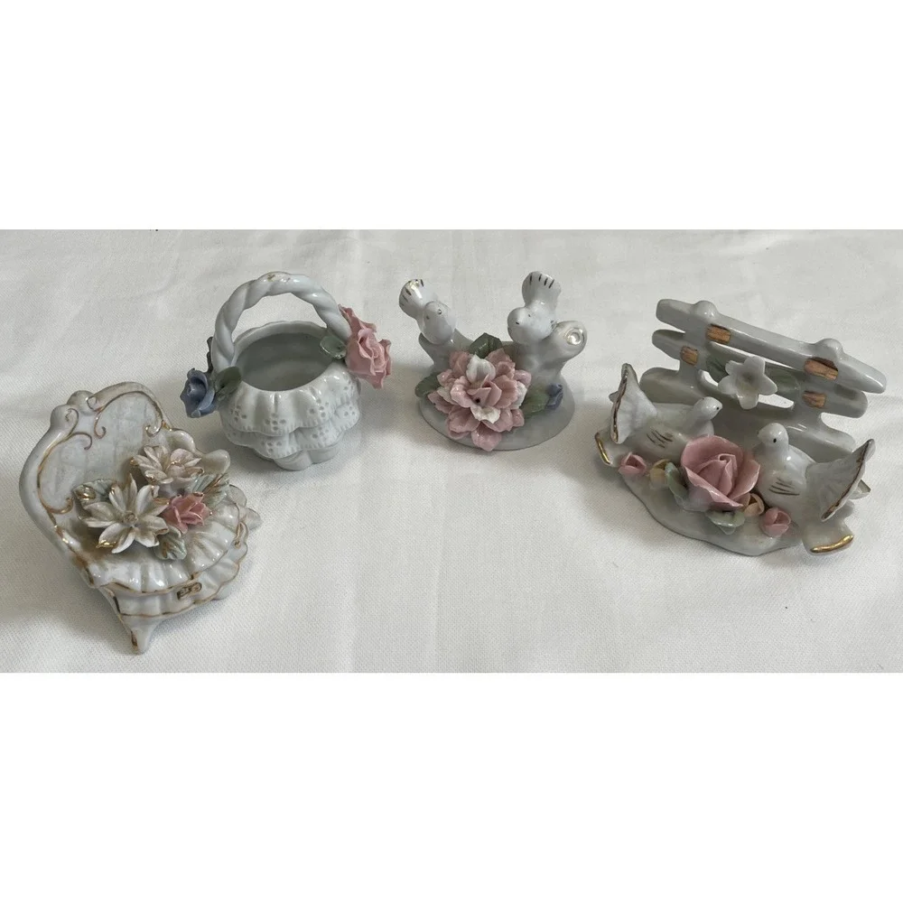 Vintage Fairy Garden Dollhouse Miniatures Pieces Porcelain Birds Doves Flowers
